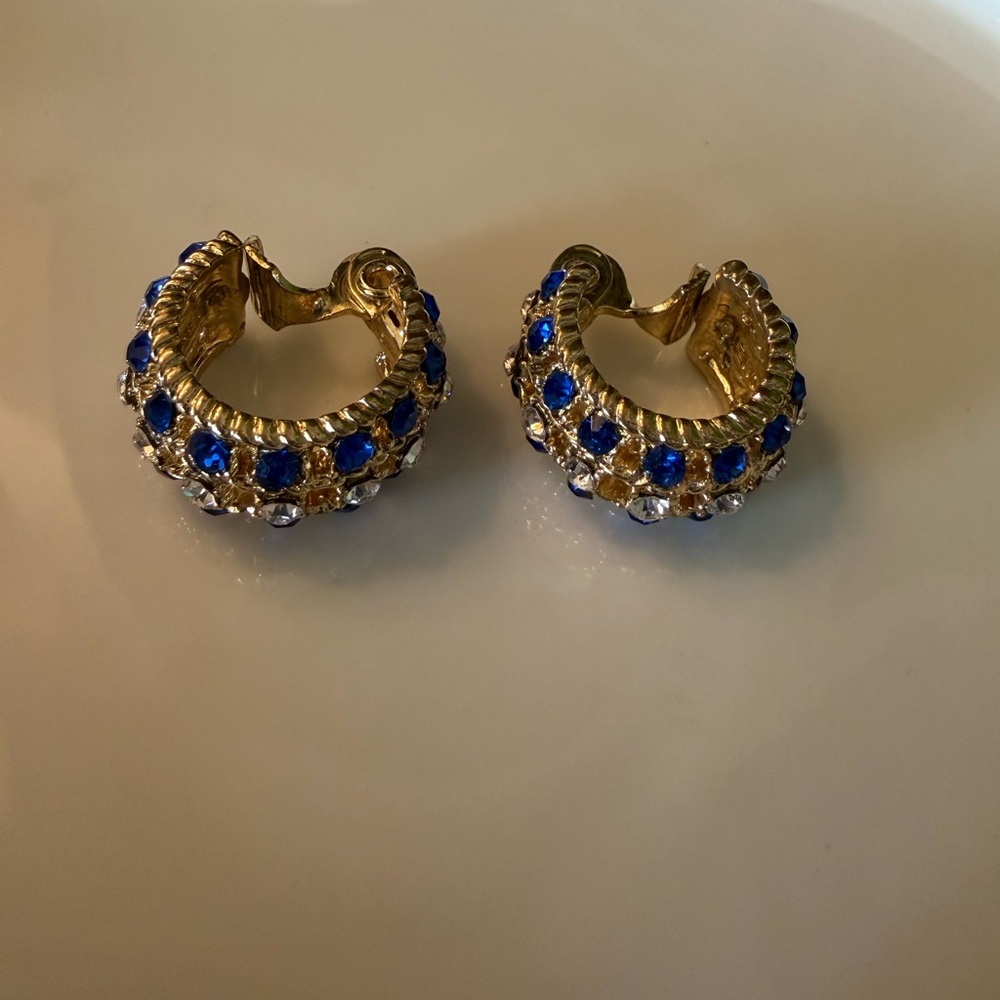 Monet Vintage Blue Rhinestone Hoop Clip On Earrings